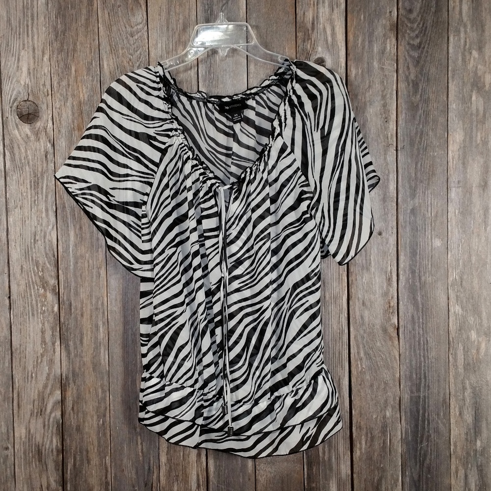 AB Studio Blouse Top Black Ivory Zebra Print XS S